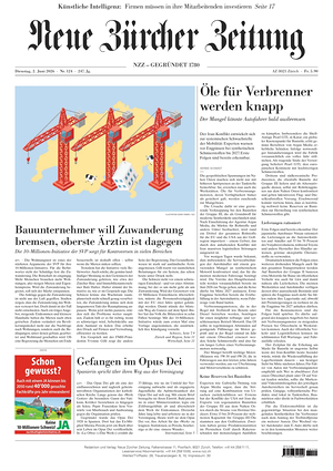 Prima pagina Neue Zürcher Zeitung di oggi - Quotidiano estero