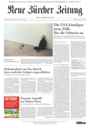 Prima pagina Neue Zürcher Zeitung di oggi - Quotidiano estero