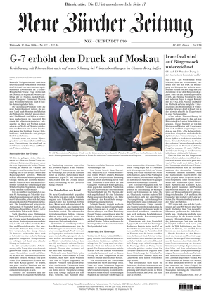 Prima pagina Neue Zürcher Zeitung di oggi - Quotidiano estero