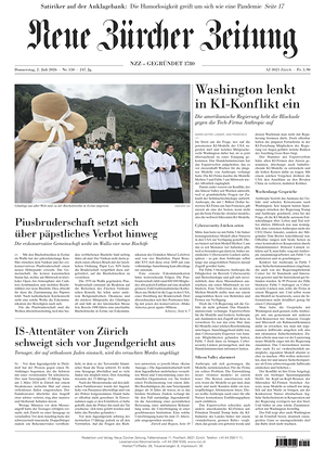 Prima pagina Neue Zürcher Zeitung di oggi - Quotidiano estero