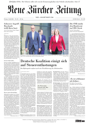 Prima pagina Neue Zürcher Zeitung di oggi - Quotidiano estero