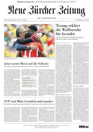 Prima pagina Neue Zürcher Zeitung di oggi - Quotidiano estero