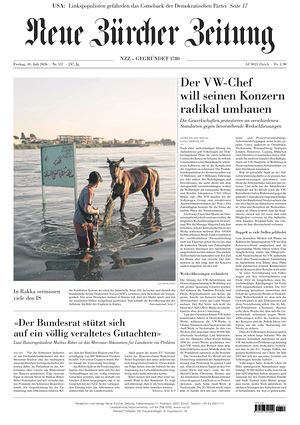 Prima pagina Neue Zürcher Zeitung di oggi - Quotidiano estero