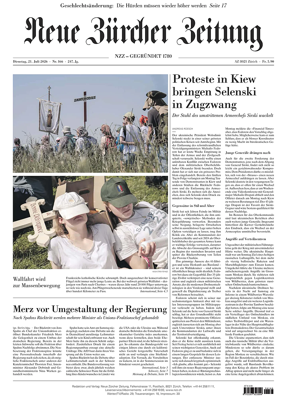 Prima pagina Neue Zürcher Zeitung di oggi - Edicola 21 Luglio 2026