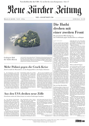 Prima pagina Neue Zürcher Zeitung di oggi - Quotidiano estero