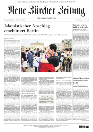 Prima pagina Neue Zürcher Zeitung di oggi - Quotidiano estero