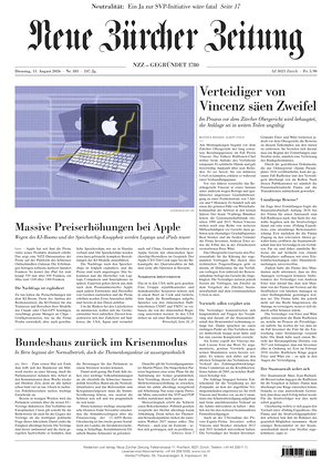 Prima pagina Neue Zürcher Zeitung di oggi - Quotidiano estero