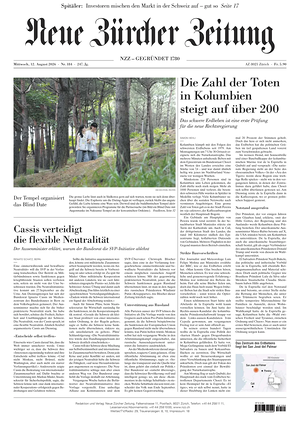 Prima pagina Neue Zürcher Zeitung di oggi - Quotidiano estero