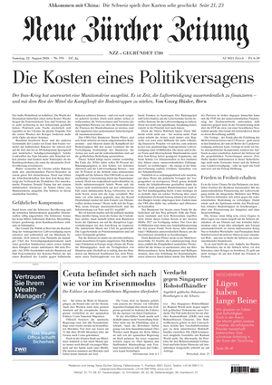Prima pagina Neue Zürcher Zeitung di oggi - Quotidiano estero