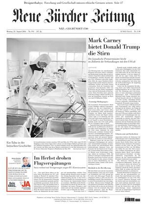 Prima pagina Neue Zürcher Zeitung di oggi - Quotidiano estero