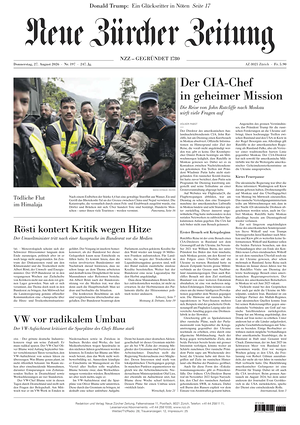 Prima pagina Neue Zürcher Zeitung di oggi - Quotidiano estero