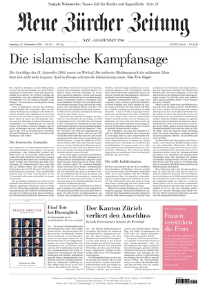 Prima pagina Neue Zürcher Zeitung di oggi - Quotidiano estero