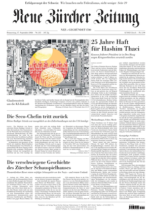 Prima pagina Neue Zürcher Zeitung di oggi - Quotidiano estero