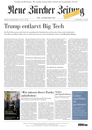 Prima pagina Neue Zürcher Zeitung di oggi - Quotidiano estero