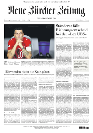 Prima pagina Neue Zürcher Zeitung di oggi - Quotidiano estero