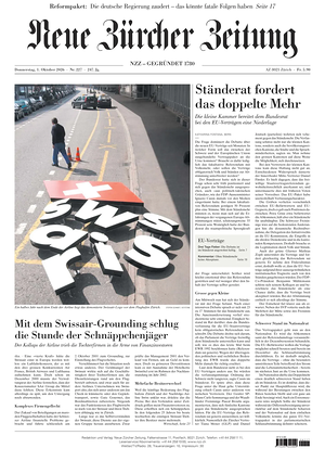 Prima pagina Neue Zürcher Zeitung di oggi - Quotidiano estero