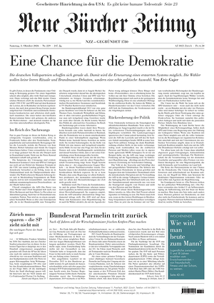 Prima pagina Neue Zürcher Zeitung di oggi - Quotidiano estero