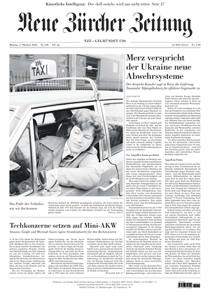 Prima pagina Neue Zürcher Zeitung di oggi - Quotidiano estero