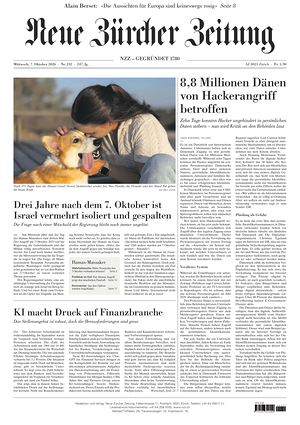 Prima pagina Neue Zürcher Zeitung di oggi - Quotidiano estero