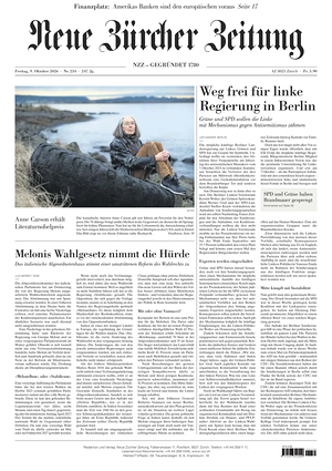 Prima pagina Neue Zürcher Zeitung di oggi - Quotidiano estero