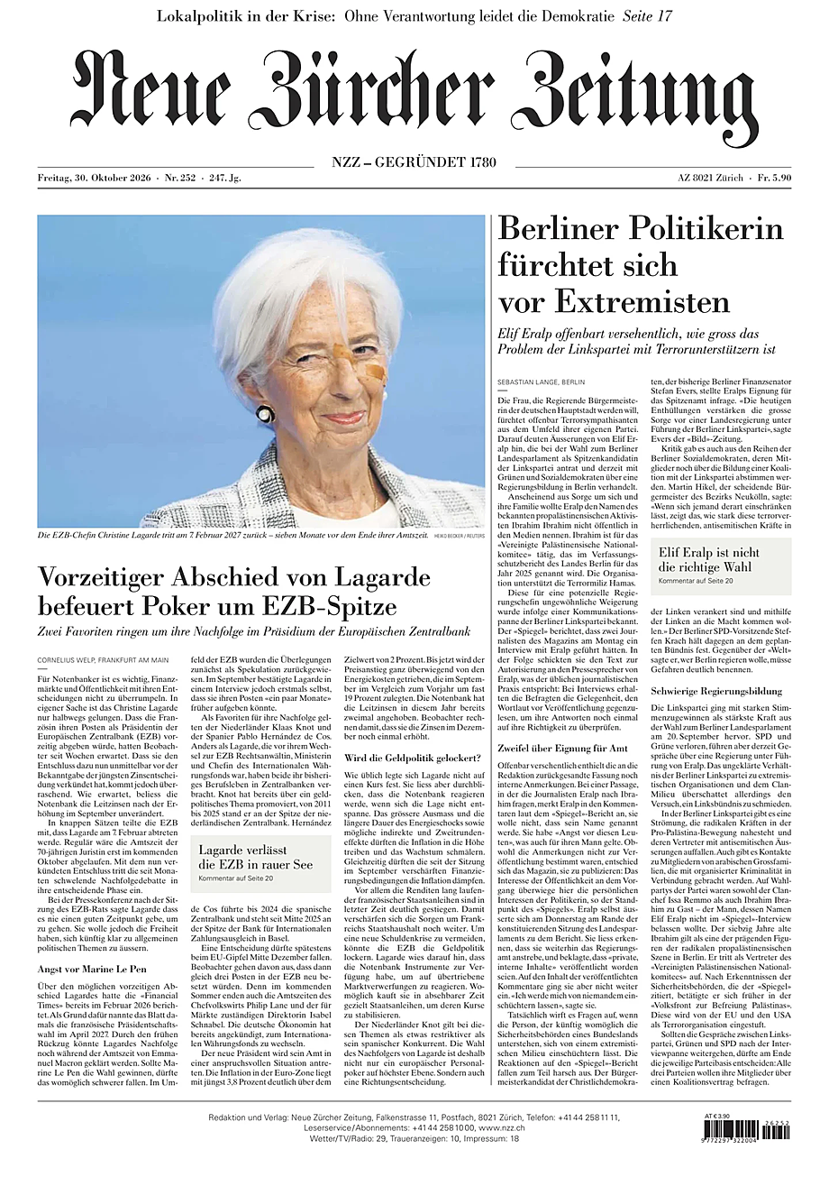 Portada Neue Zürcher Zeitung de hoy - Quiosco 30 octubre 2026