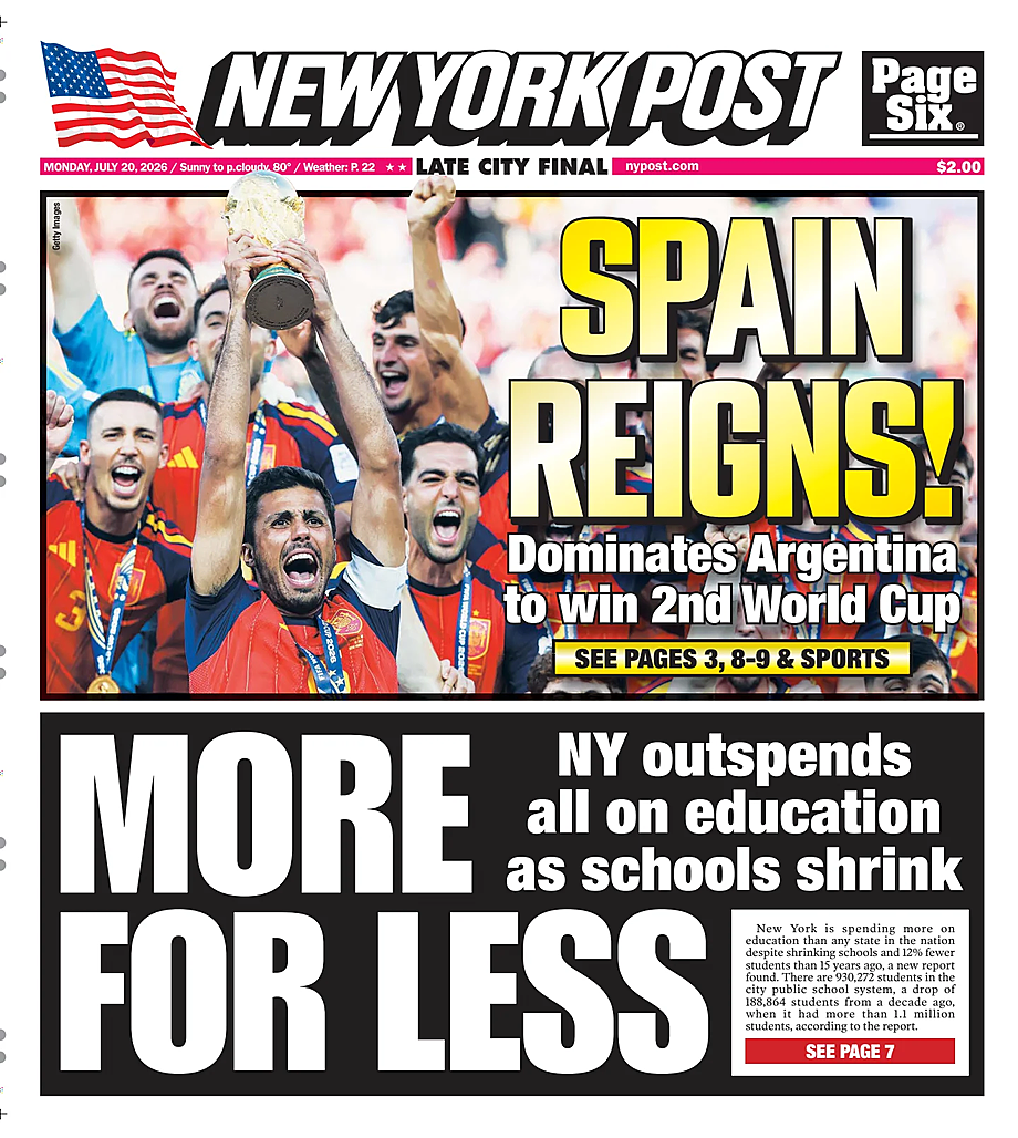 Prima pagina New York Post di oggi - Edicola 20 Luglio 2026