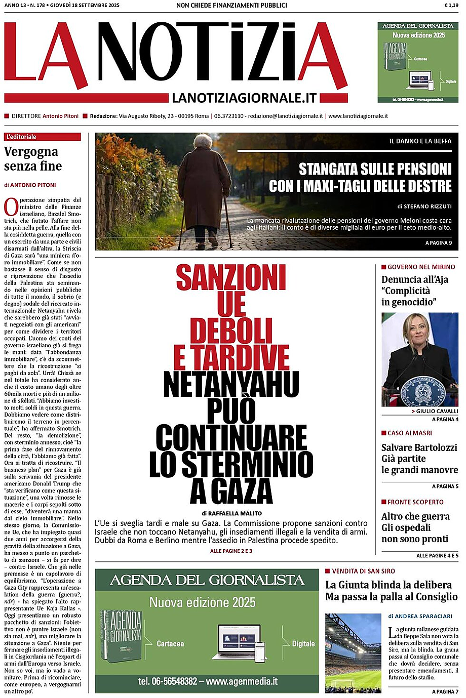 Prima pagina La Notizia di oggi - Edicola 18 Settembre 2025