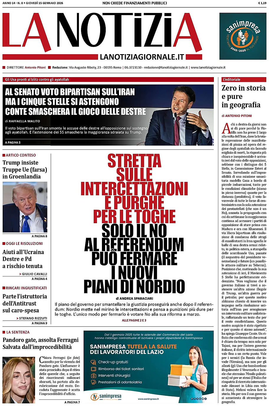 Prima pagina La Notizia di oggi - Edicola 15 Gennaio 2026