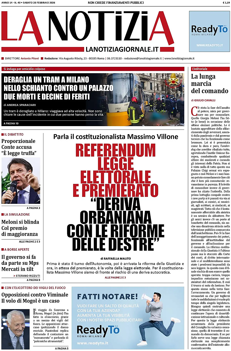 Prima pagina La Notizia di oggi - Edicola 28 Febbraio 2026