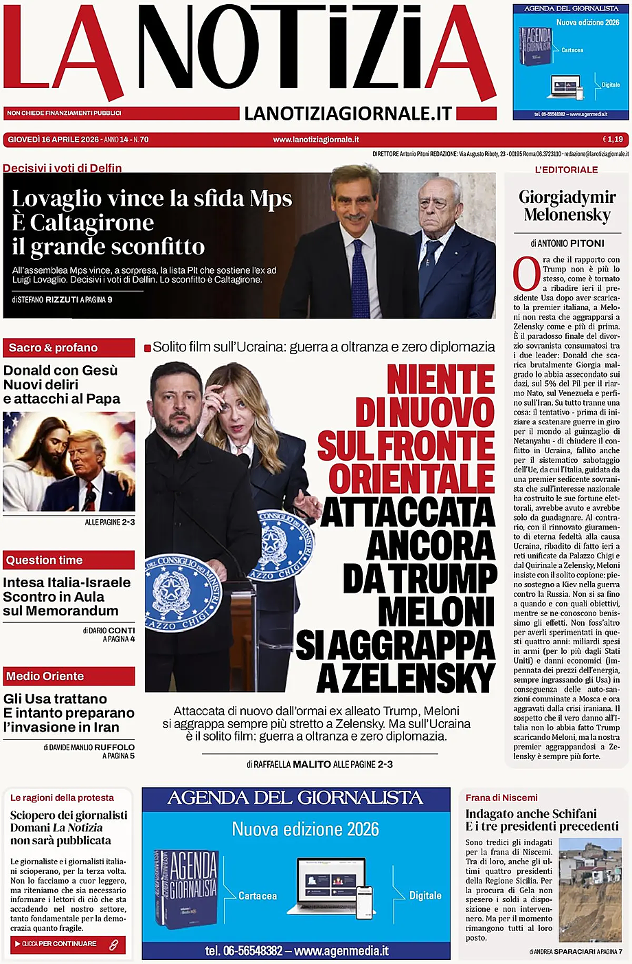 Prima pagina La Notizia di oggi - Edicola 16 Aprile 2026