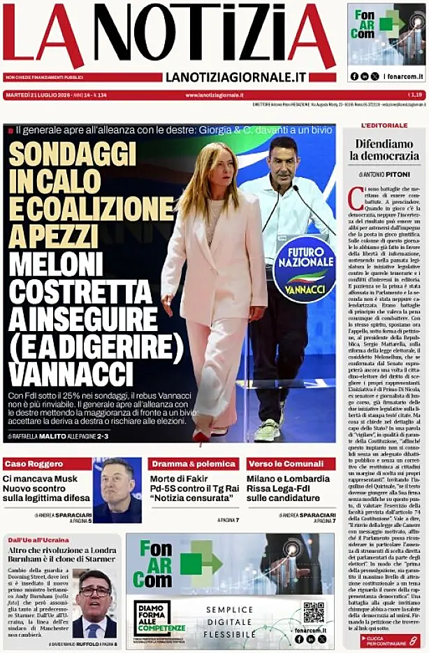 Prima pagina La Notizia di oggi - Edicola 21 Luglio 2026
