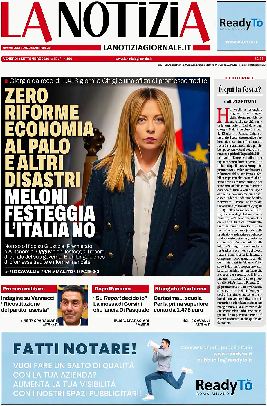 Prima pagina La Notizia di oggi - Edicola 4 Settembre 2026
