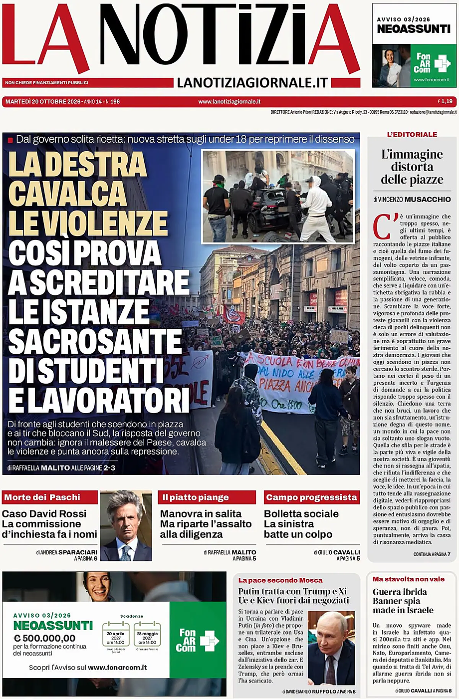 Prima pagina La Notizia di oggi - Edicola 20 Ottobre 2026