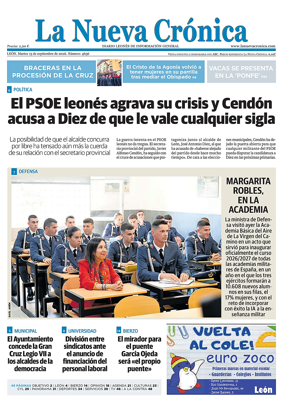 Portada La Nueva Crónica de hoy - Quiosco 15 septiembre 2026