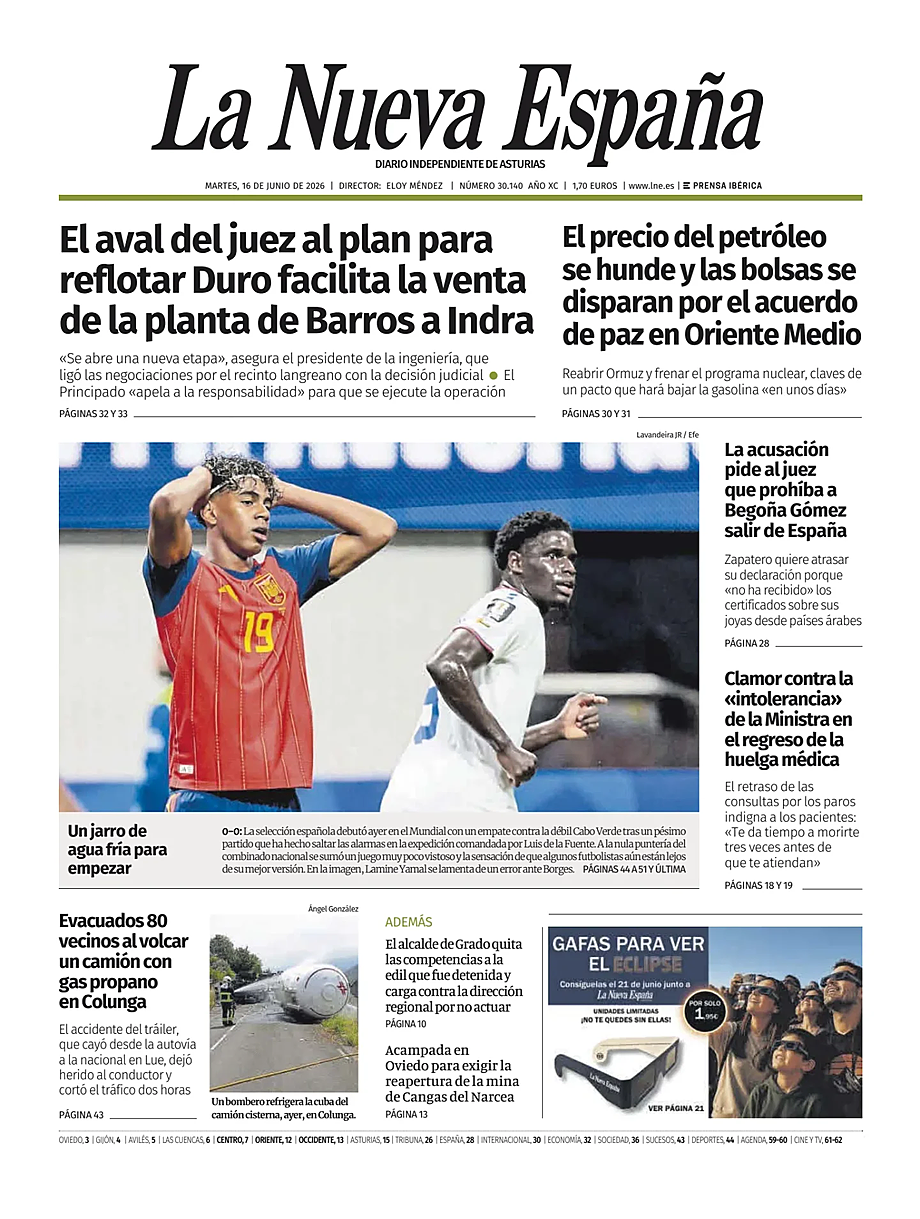 Portada La Nueva España de hoy - Quiosco 16 junio 2026