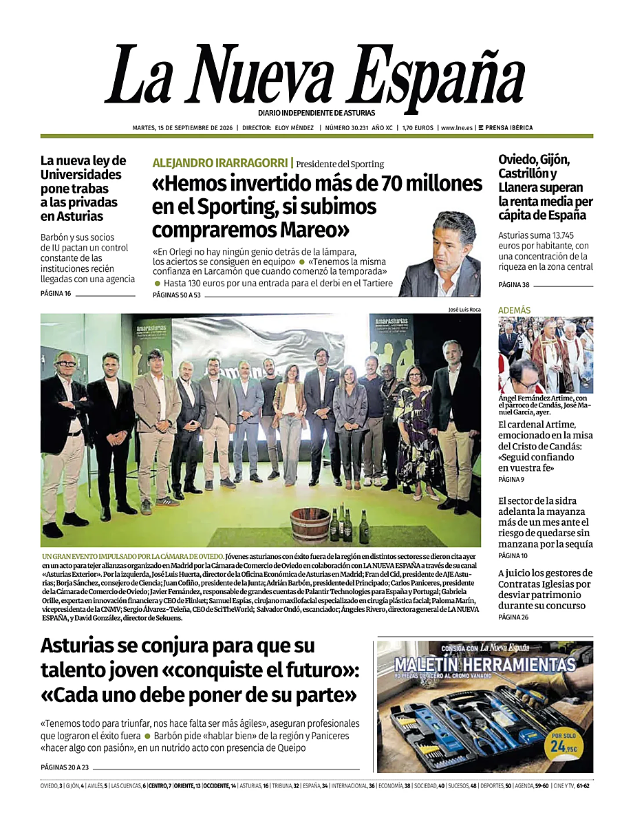 Portada La Nueva España de hoy - Quiosco 15 septiembre 2026