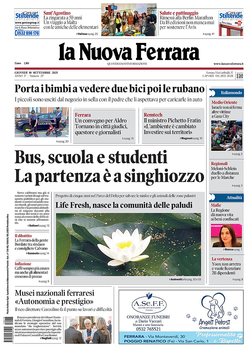 Prima pagina La Nuova Ferrara di oggi - Edicola 18 Settembre 2025