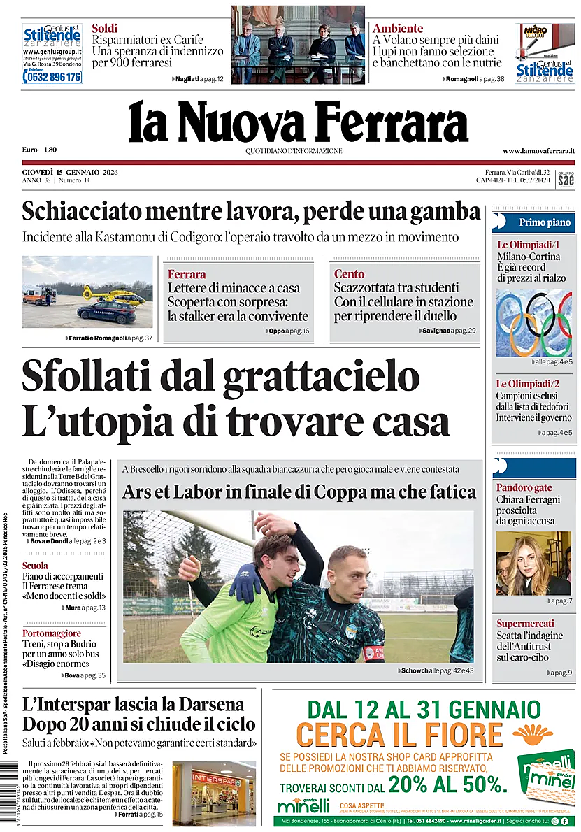 Prima pagina La Nuova Ferrara di oggi - Edicola 15 Gennaio 2026