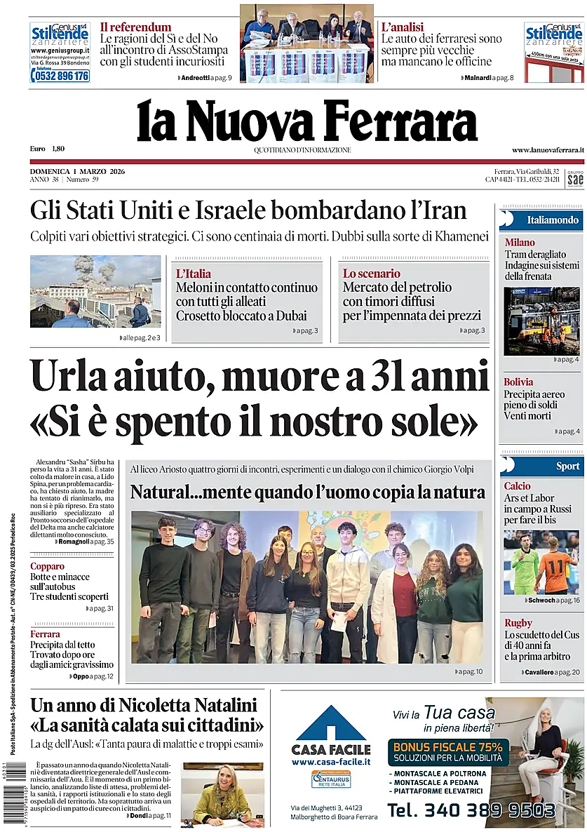 Prima pagina La Nuova Ferrara di oggi - Edicola 1 Marzo 2026