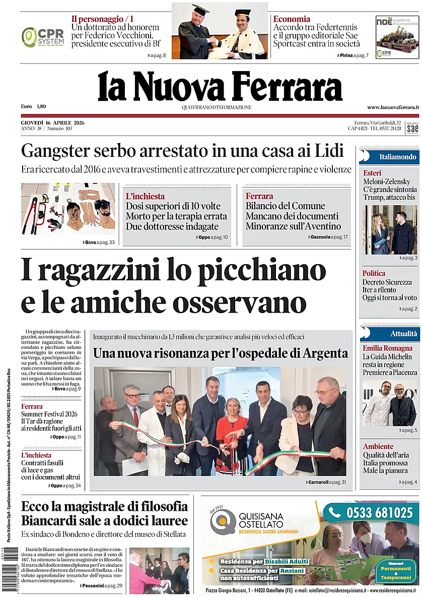 Prima pagina La Nuova Ferrara di oggi - Edicola 16 Aprile 2026
