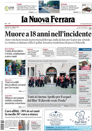 Prima pagina La Nuova Ferrara di oggi - Quotidiano regionale