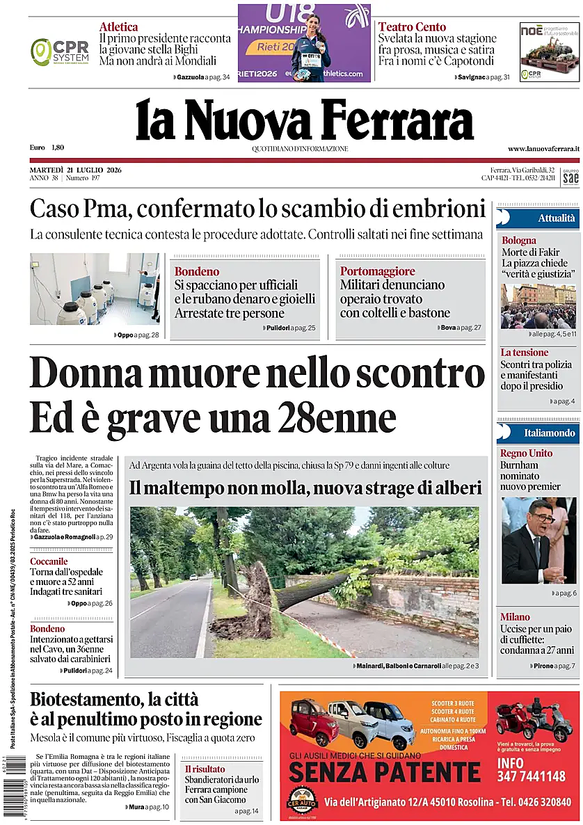Prima pagina La Nuova Ferrara di oggi - Edicola 21 Luglio 2026