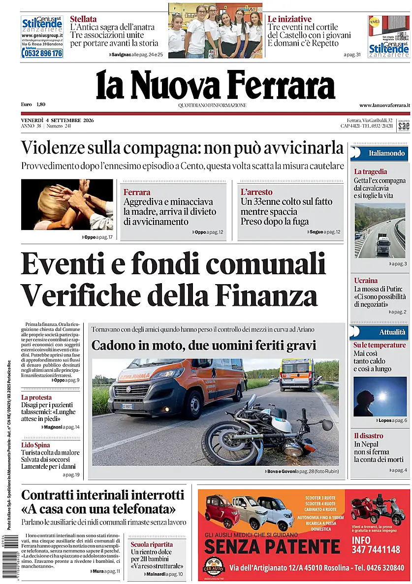 Prima pagina La Nuova Ferrara di oggi - Edicola 4 Settembre 2026