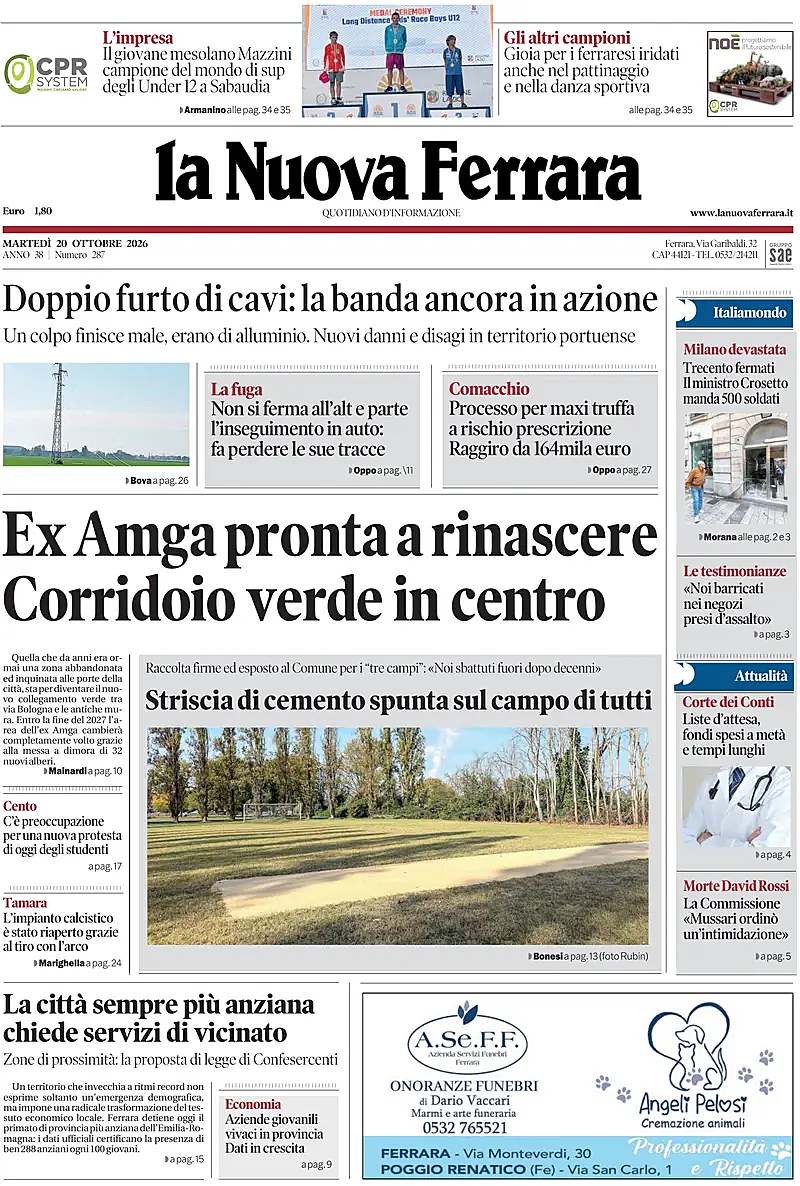 Prima pagina La Nuova Ferrara di oggi - Edicola 20 Ottobre 2026