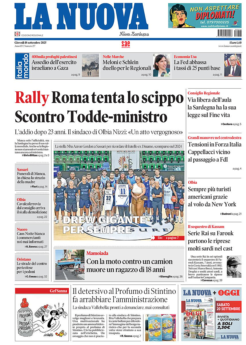 Prima pagina La Nuova Sardegna di oggi - Edicola 18 Settembre 2025