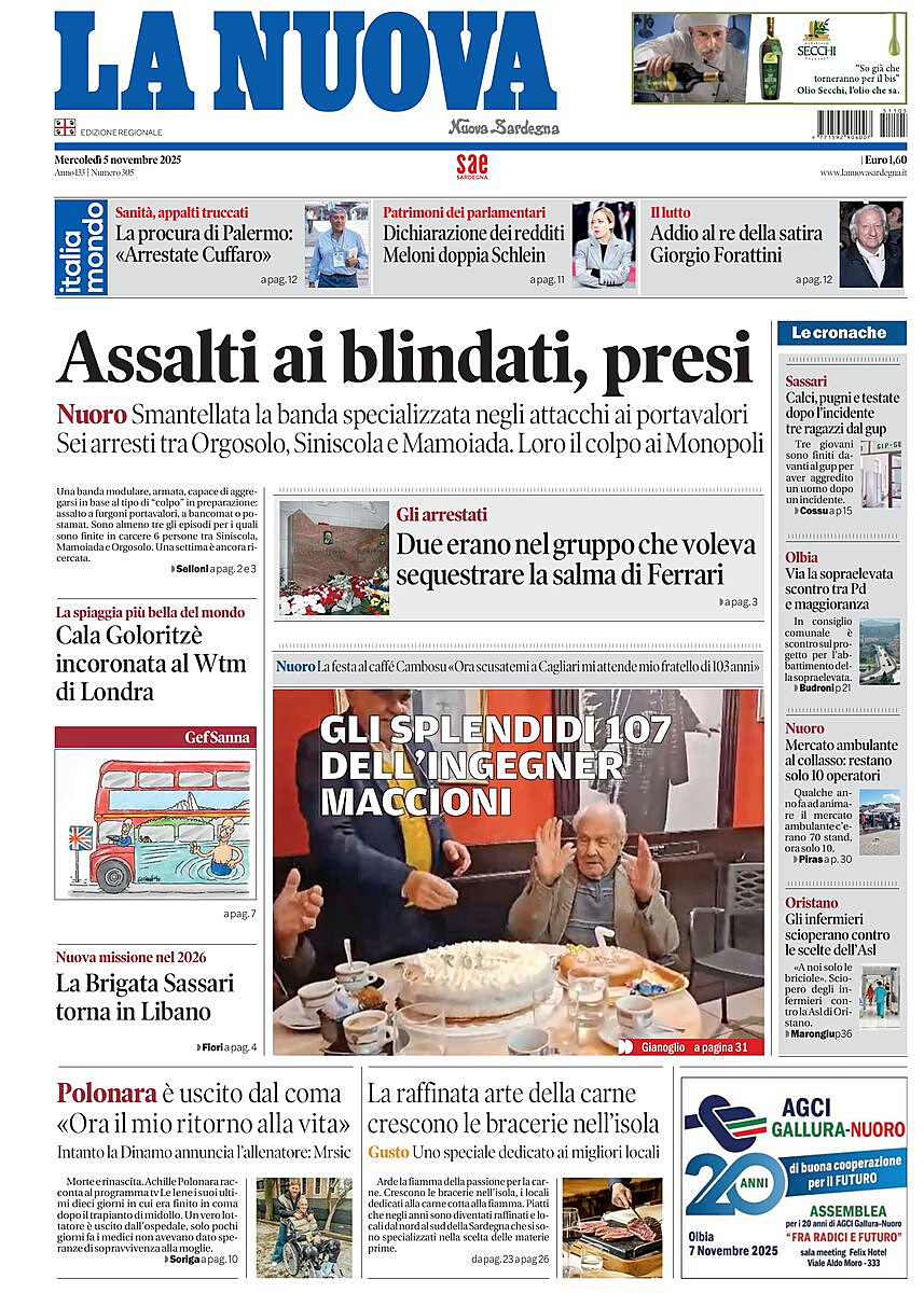Prima pagina La Nuova Sardegna di oggi - Edicola 5 Novembre 2025