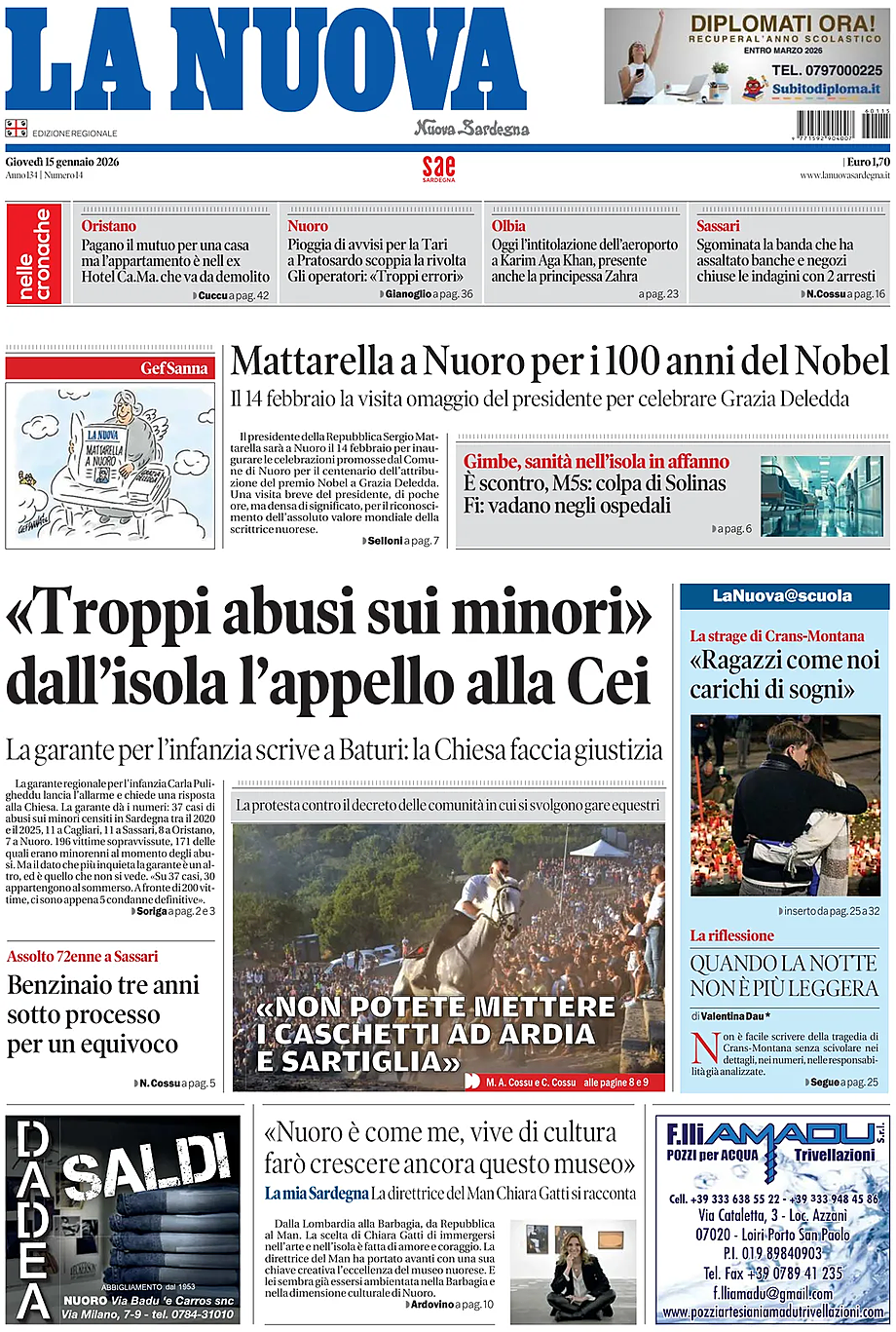 Prima pagina La Nuova Sardegna di oggi - Edicola 15 Gennaio 2026