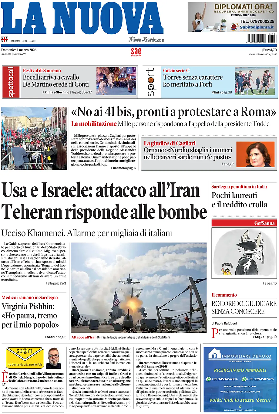 Prima pagina La Nuova Sardegna di oggi - Edicola 1 Marzo 2026