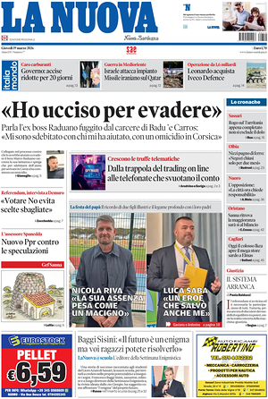 Prima pagina La Nuova Sardegna di oggi - Quotidiano regionale