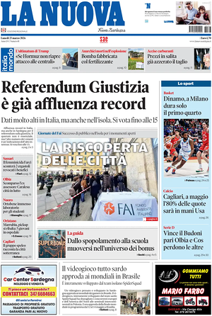 Prima pagina La Nuova Sardegna di oggi - Quotidiano regionale